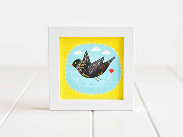 Fleur & Mimi - Framed Giclée Art Print made in Ireland - Love Bird pulling a heart on a string