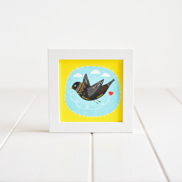 Fleur & Mimi - Framed Giclée Art Print made in Ireland - Love Bird pulling a heart on a string
