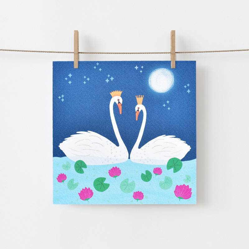 Greeting Card made in Ireland by Fleur & Mimi in Co. Tipperary - A Swan couple facing each other on a lake