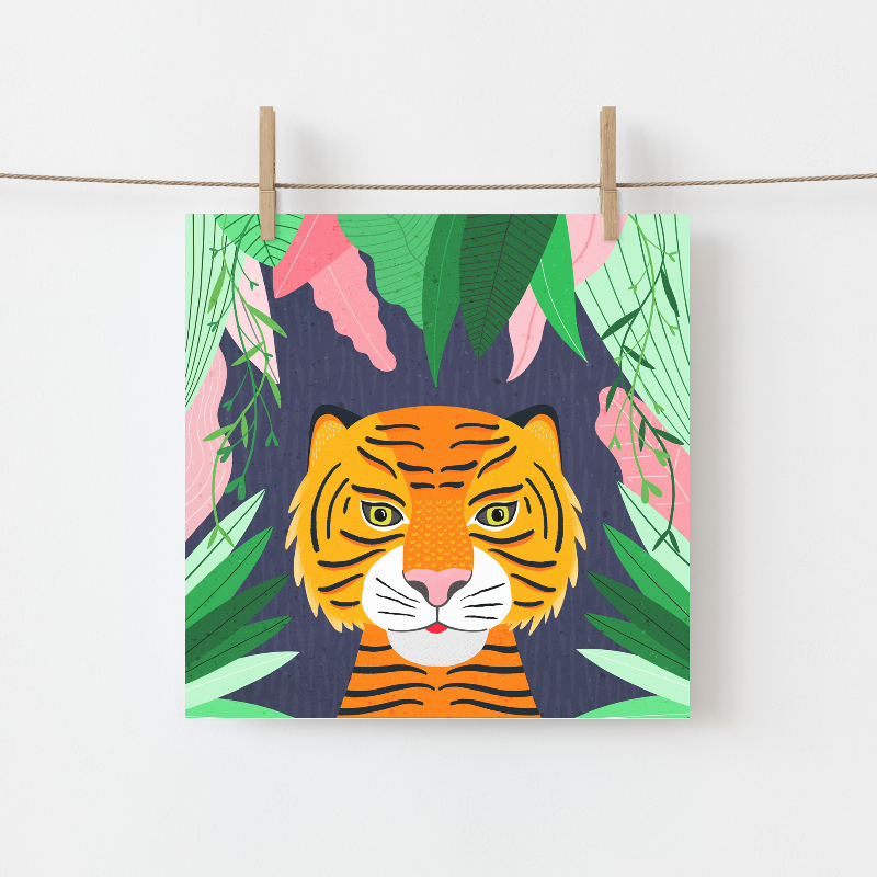 Irish made Greeting Card of a Tiger in lush jungle leaves by Fleur & Mimi, Co. Tipperary