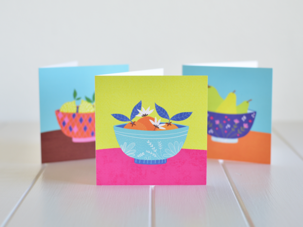 A bundle of greeting cards of set will give you 3 colourful greeting cards of different fruits in a bowl. Made in Ireland by Fleur & Mimi.