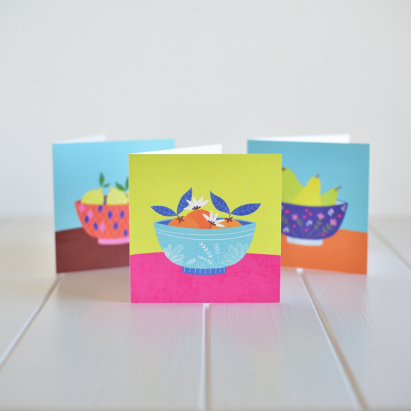 A bundle of greeting cards of set will give you 3 colourful greeting cards of different fruits in a bowl. Made in Ireland by Fleur & Mimi.