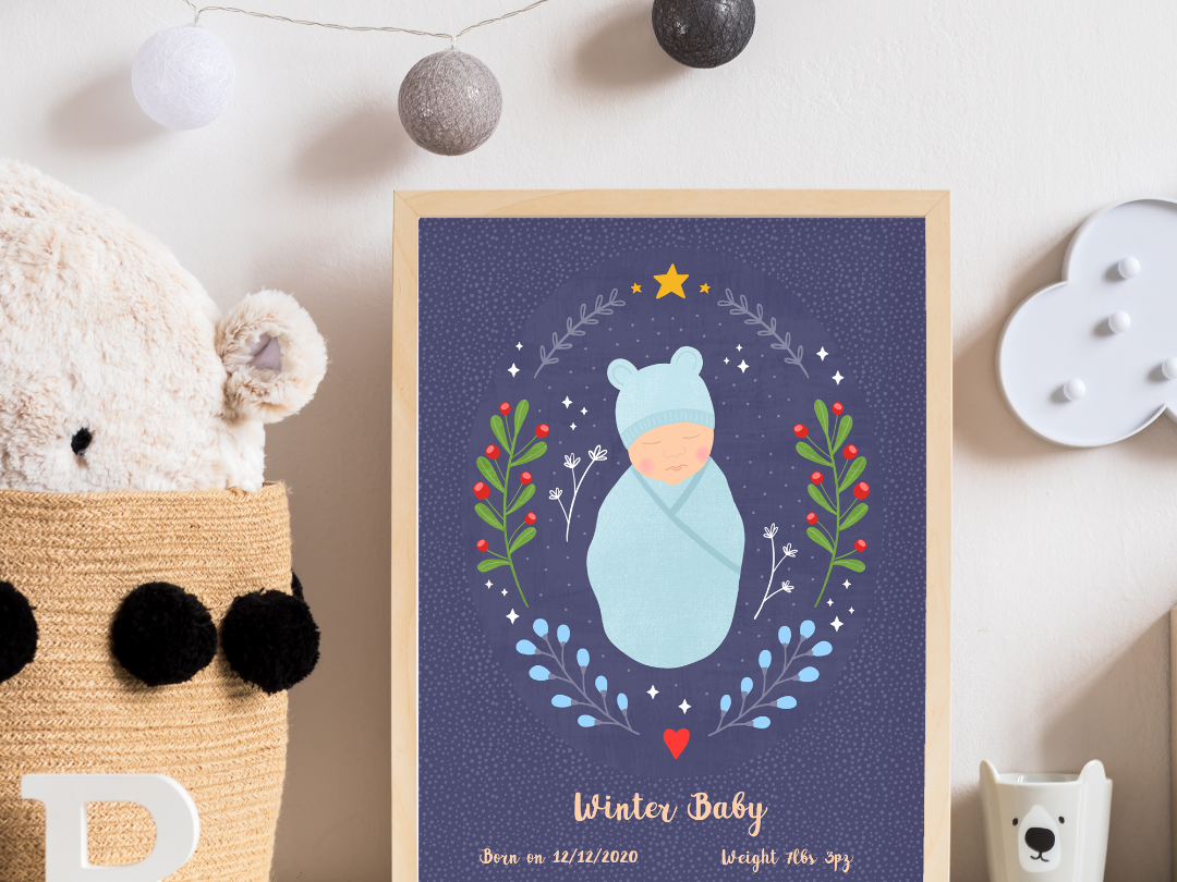 Winter Baby - a personalised birth print by Fleur & Mimi for those winter babies - made in Ireland