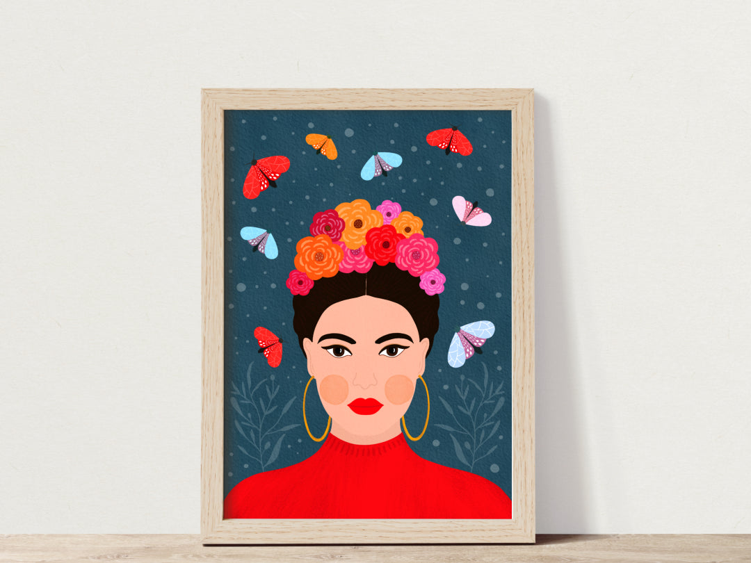 An illustration of a dark-haired woman with roses in her hair surrounded by delicate butterflies, their wings painted with intricate details in vibrant shades of red, pink and orange colours. The air around the dark-haired woman is filled with these delicate creatures, fluttering gracefully and adding to the dream-like quality of the illustration. The illustration is on a dark blue background enhancing the colours of the maiden and the butterflies.