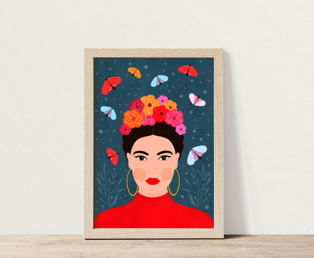 An illustration of a dark-haired woman with roses in her hair surrounded by delicate butterflies, their wings painted with intricate details in vibrant shades of red, pink and orange colours.  The air around the dark-haired woman is filled with these delicate creatures, fluttering gracefully and adding to the dream-like quality of the illustration.  The illustration is on a dark blue background enhancing the colours of the maiden and the butterflies.