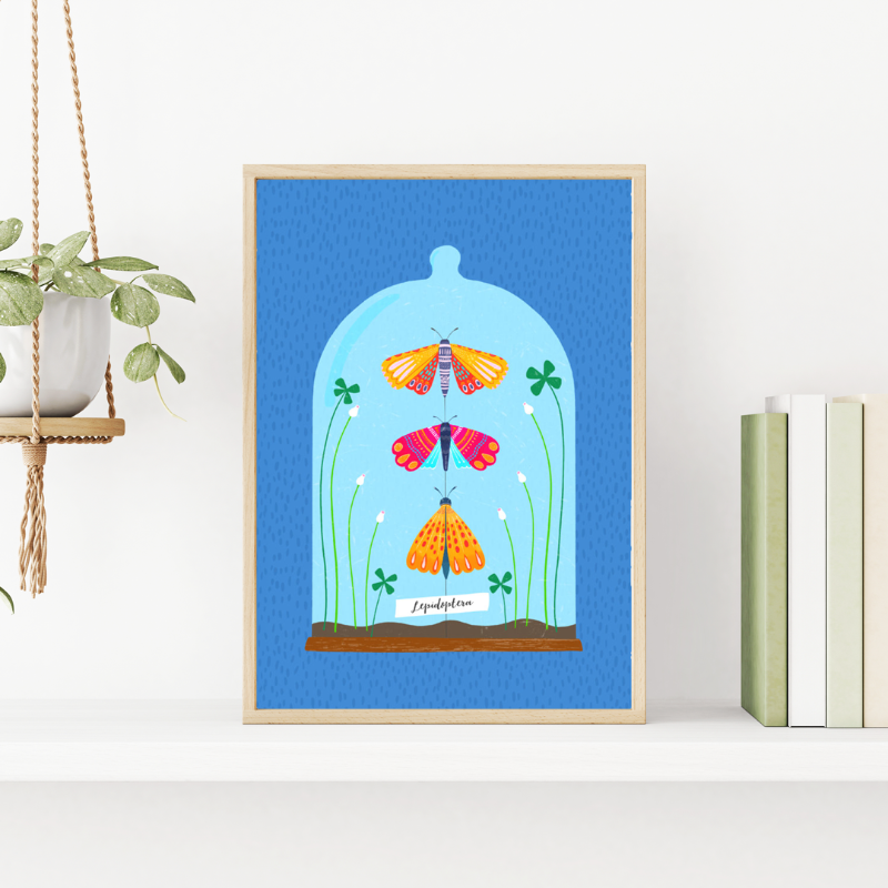 Fleur & Mimi - Irish made Art Print of colourful moths under a glass dome