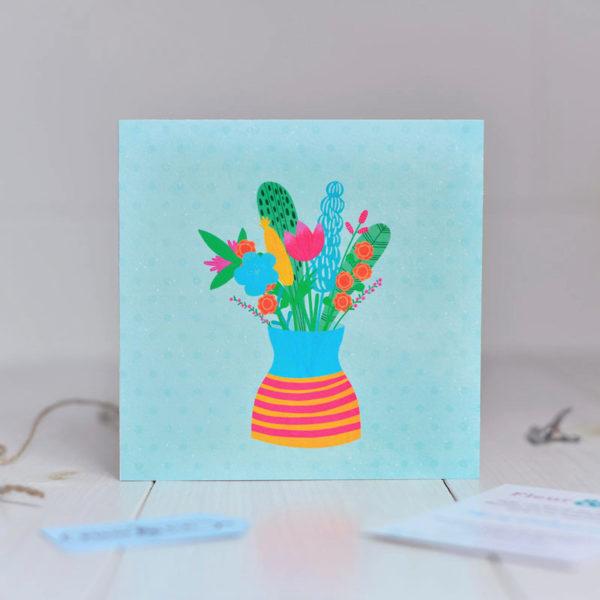 Greeting card made in Ireland by Fleur & Mimi. A bright and cheery bouquet of flowers in a vase. A card for any occasion. 
