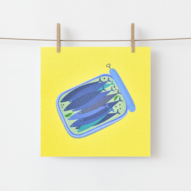 Greeting Card made in Ireland by Fleur & Mimi, Co. Tipperary of sardines packed in a tiin "In a Tight Spot"
