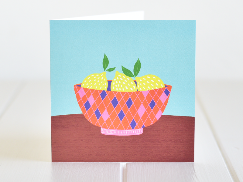 Irish made greeting card. A lovely illustration of lemons in a colourful bowl, a card for any occasion