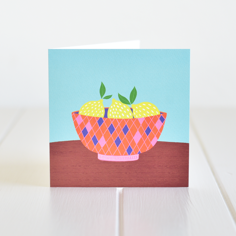 Irish made greeting card. A lovely illustration of lemons in a colourful bowl, a card for any occasion