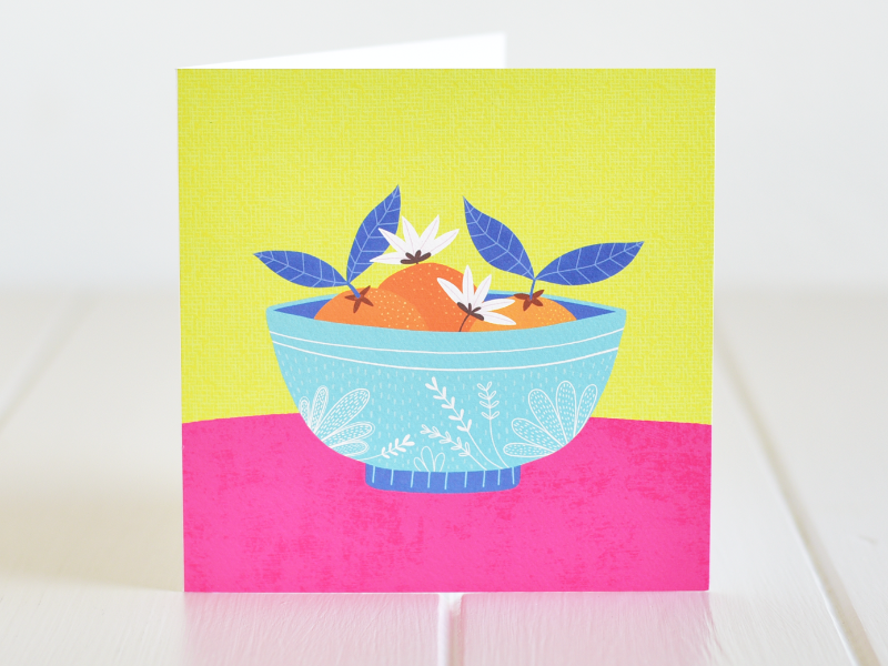 A lovely illustration of oranges in a bowl, a card for any occasion. Irish made greeting cards by Fleur & Mimi.