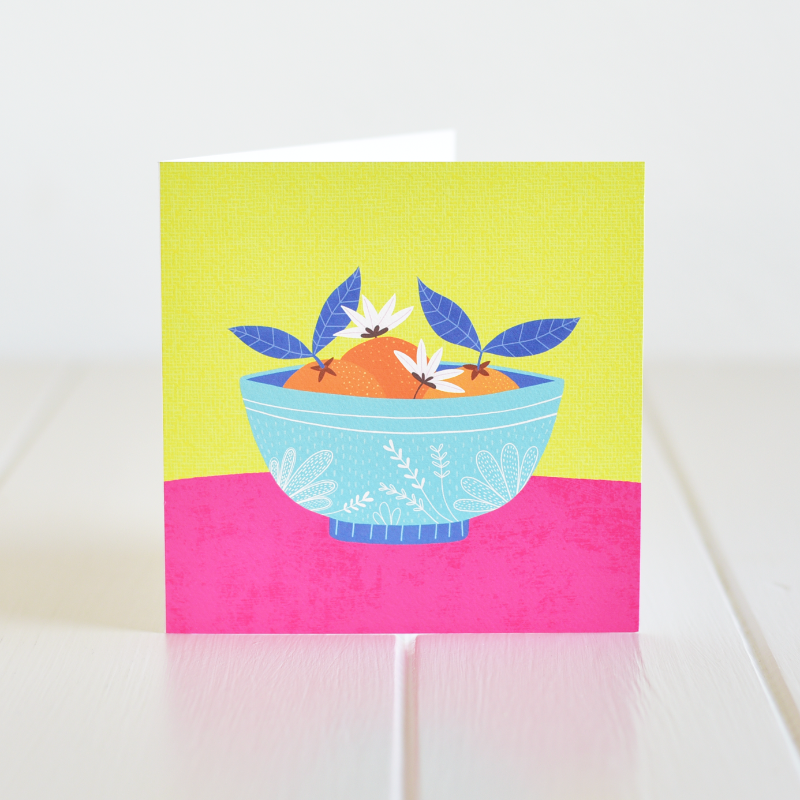 A lovely illustration of oranges in a bowl, a card for any occasion. Irish made greeting cards by Fleur & Mimi.