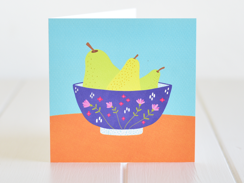 A lovely illustration of pears in a colourful bowl, a card for any occasion. Irish made greeting cards by Fleur & Mimi.