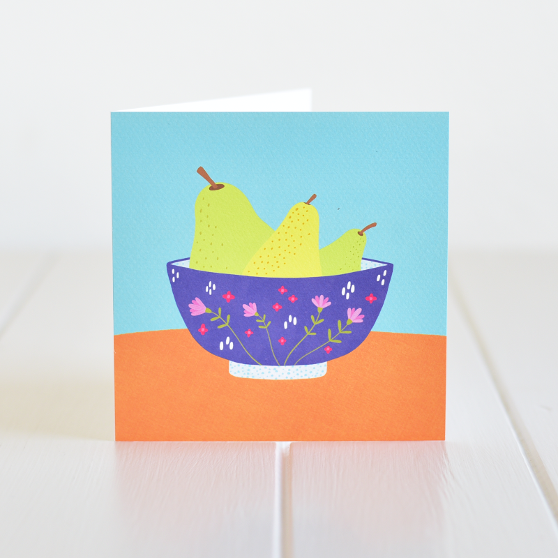 A lovely illustration of pears in a colourful bowl, a card for any occasion. Irish made greeting cards by Fleur & Mimi.