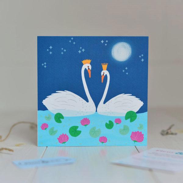 Greeting Card made in Ireland by Fleur & Mimi in Co. Tipperary - A Swan couple facing each other on a lake