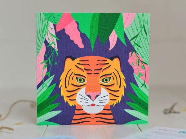 Irish made Greeting Card of a Tiger in lush jungle leaves by Fleur & Mimi, Co. Tipperary
